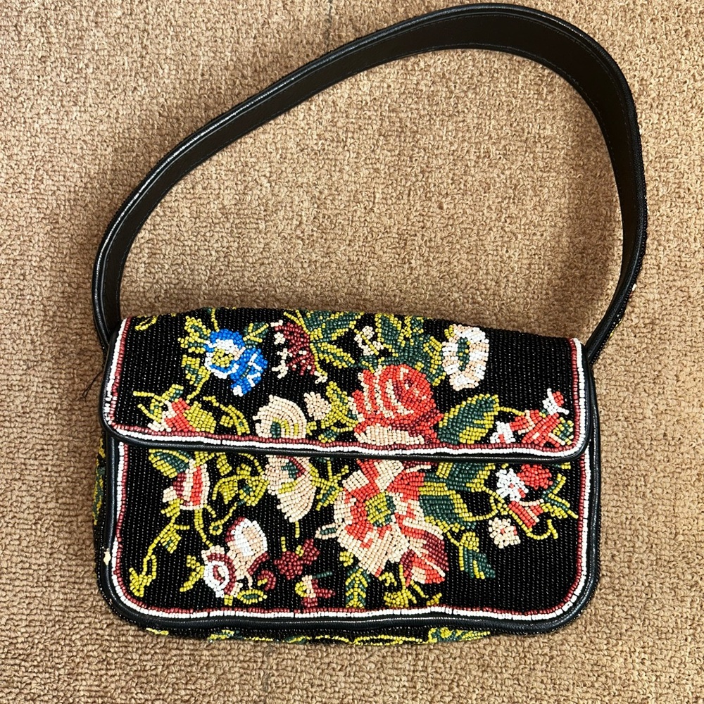 STAUD Floral Embroidered Black Shoulder Bag